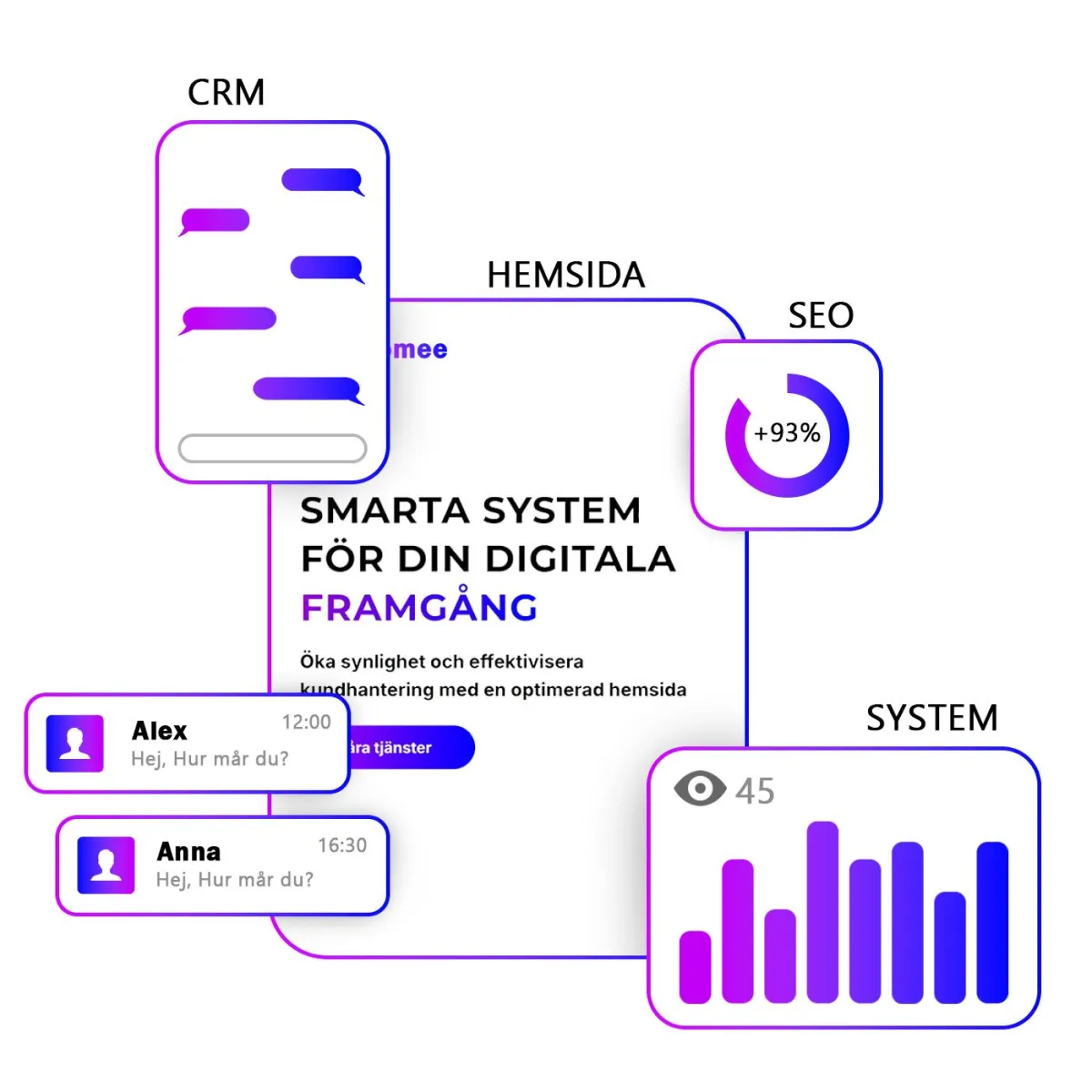 Paket som innehåller websida, SEO, automerade emails, SaaS, och CRM system