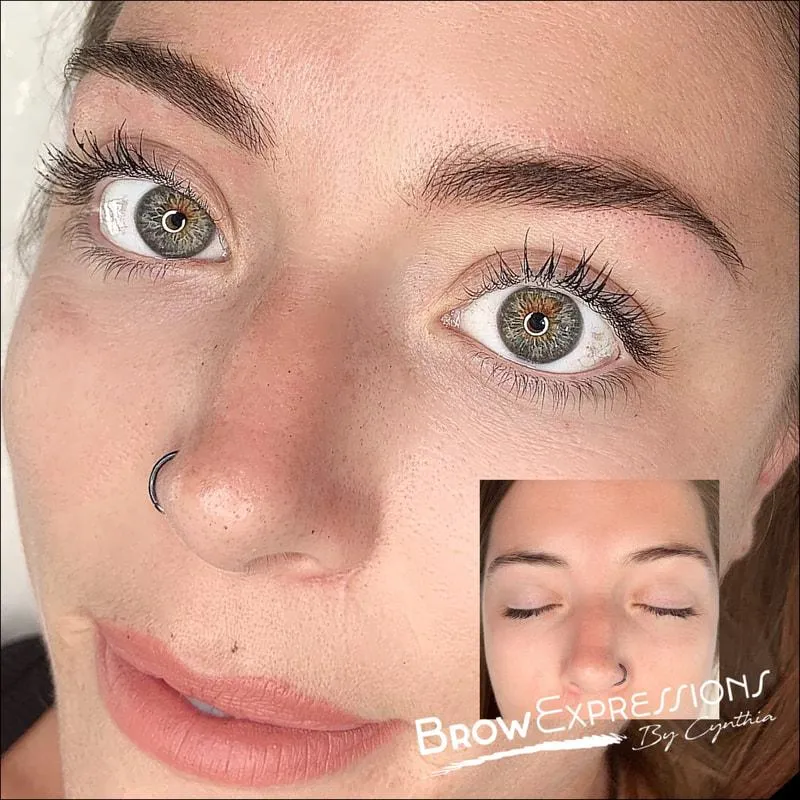 Before and after microblading transformation in Long Beach, CA showcasing fuller brows