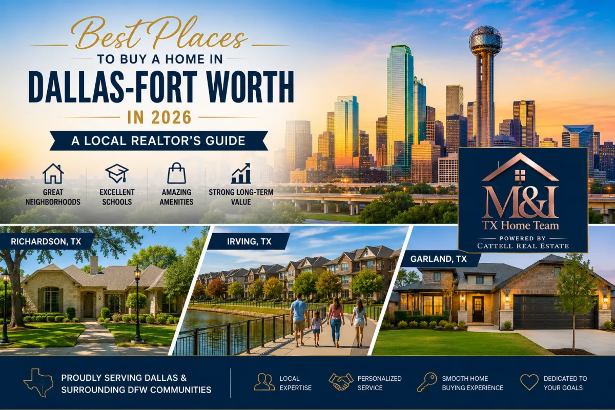 Dallas skyline with modern neighborhoods and family homes representing the best places to buy real estate in Dallas-Fort Worth Texas in 2026.