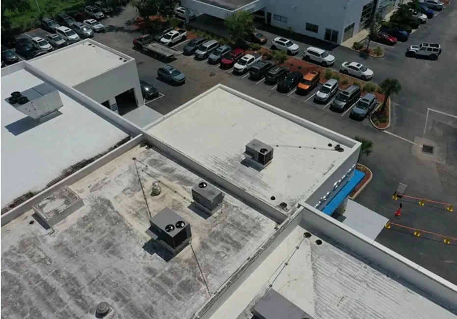 the roof of a building with a bird on it