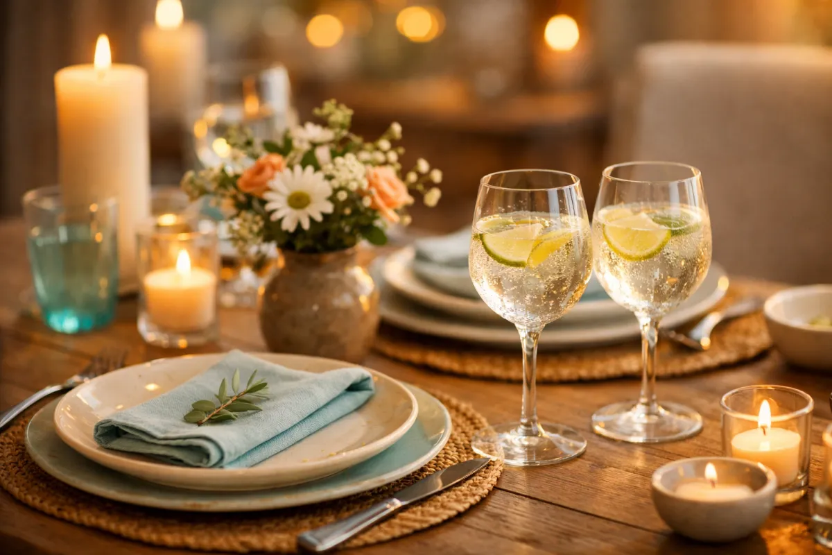 A warmly lit dinner table set for an alcohol-free gathering, with sparkling water in wine glasses, fresh flowers, and candlelight.