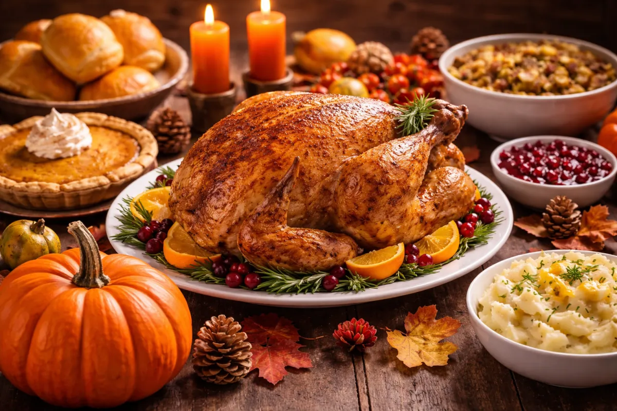 Thanksgiving dinner table with roasted turkey, pumpkin, candles, and autumn decor