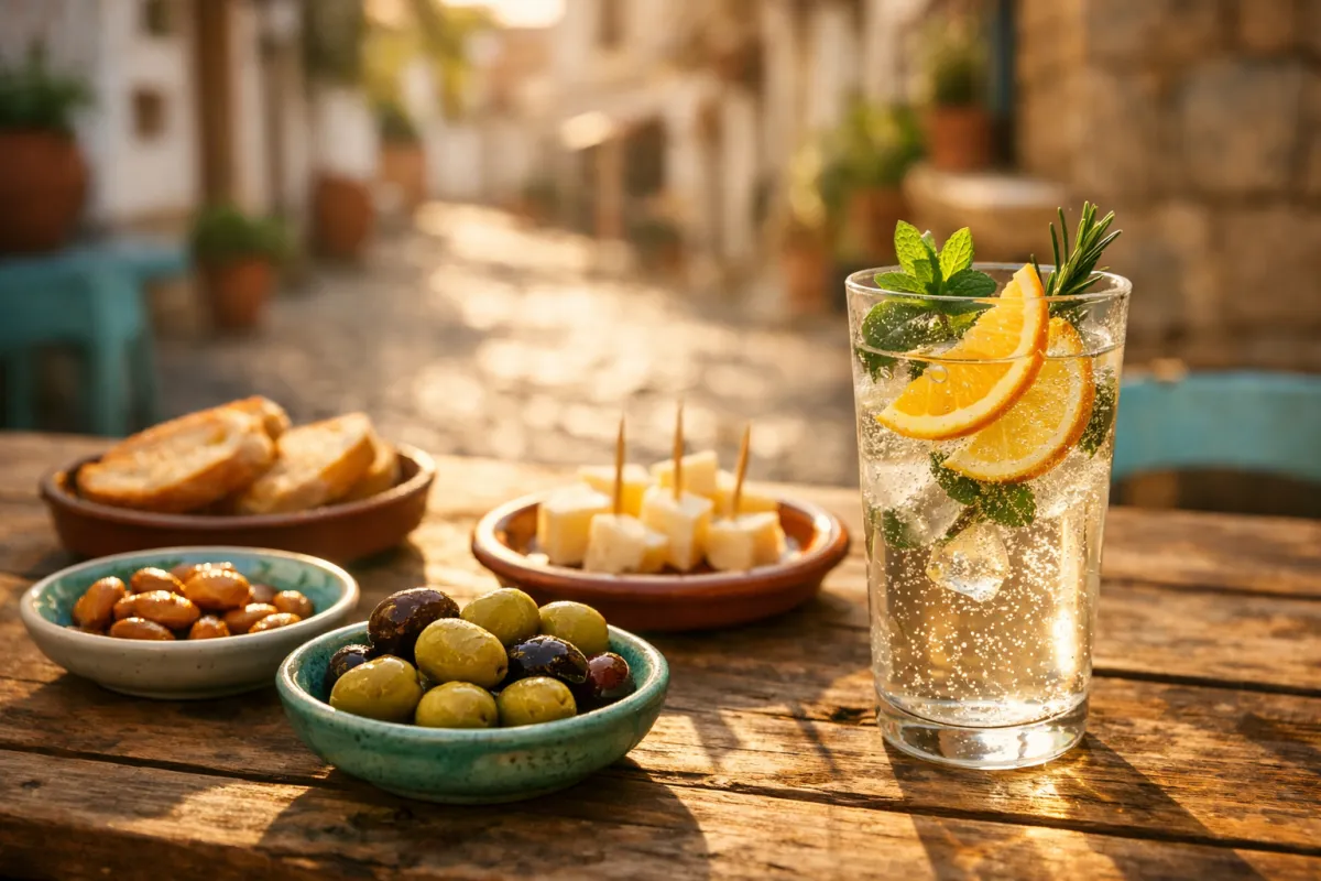 A sun-drenched Spanish tapas bar patio with small plates of food and a sparkling water with citrus, reflecting the joy of exploring Seville alcohol-free.