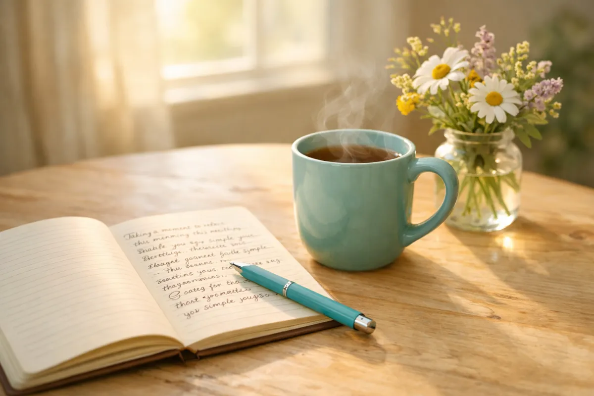 A sunlit journaling scene with an open notebook, steaming mug of tea, and fresh wildflowers — reflecting the peace and clarity of life 2.5 years alcohol-free.