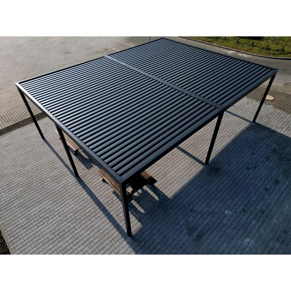Large steel louver canopy frame — commercial shade structure.