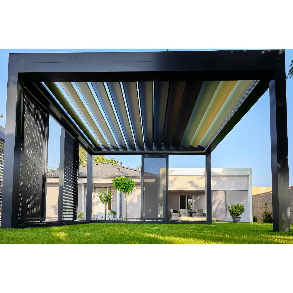 Modern metal pergola with adjustable louvers — backyard structure.