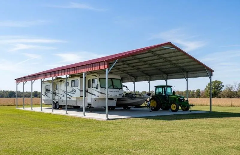 covered storage building with RV, boat and tractor