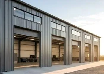 metal shop building with 5 open overhead doors