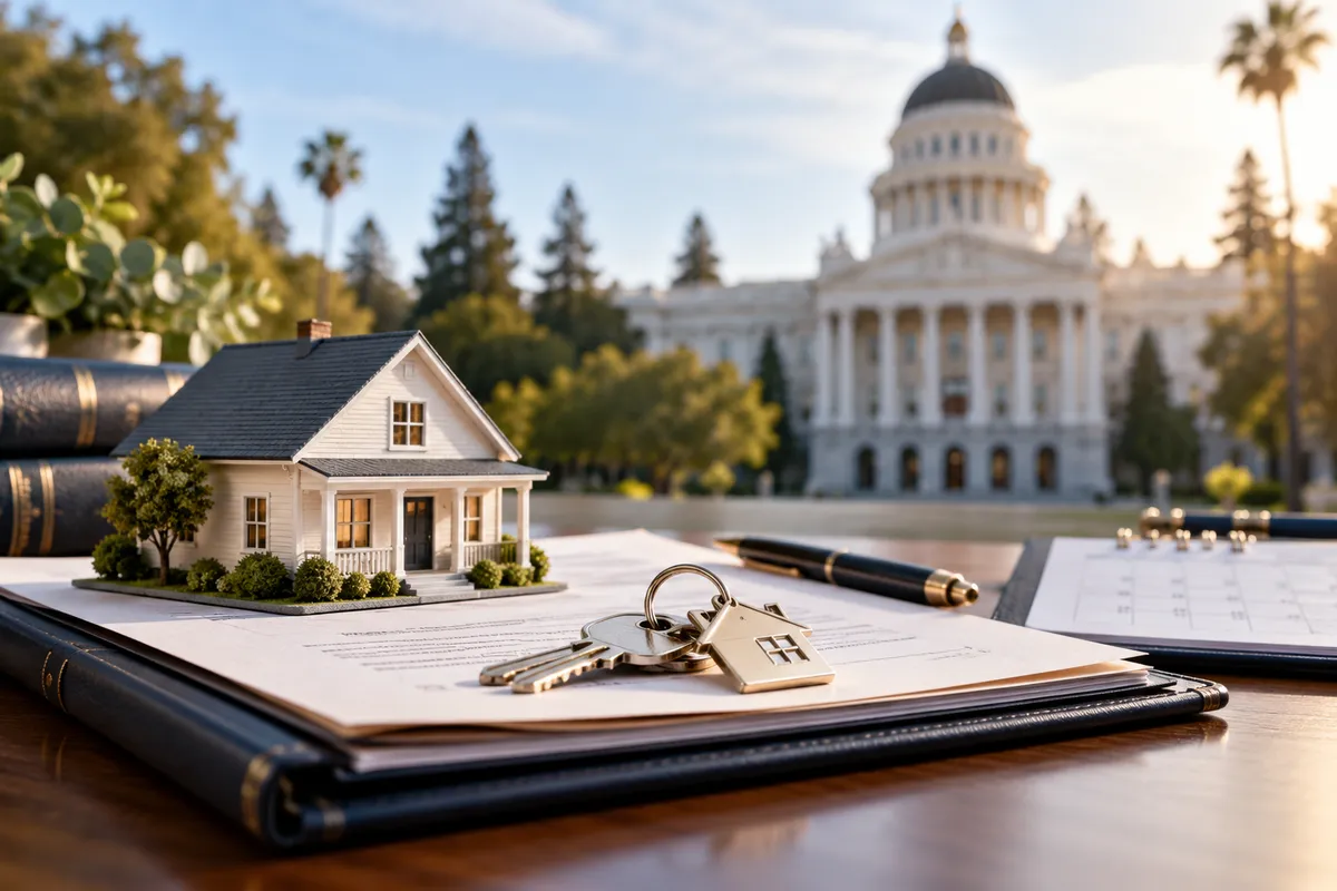 Model house, keys, and estate documents with the California State Capitol in the background, representing the California probate process.