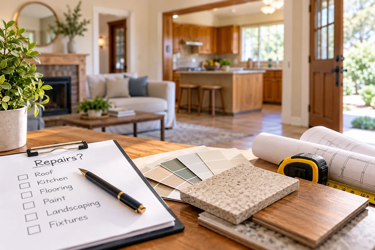 Home repair checklist, flooring samples, and renovation materials inside a California home being prepared for sale.