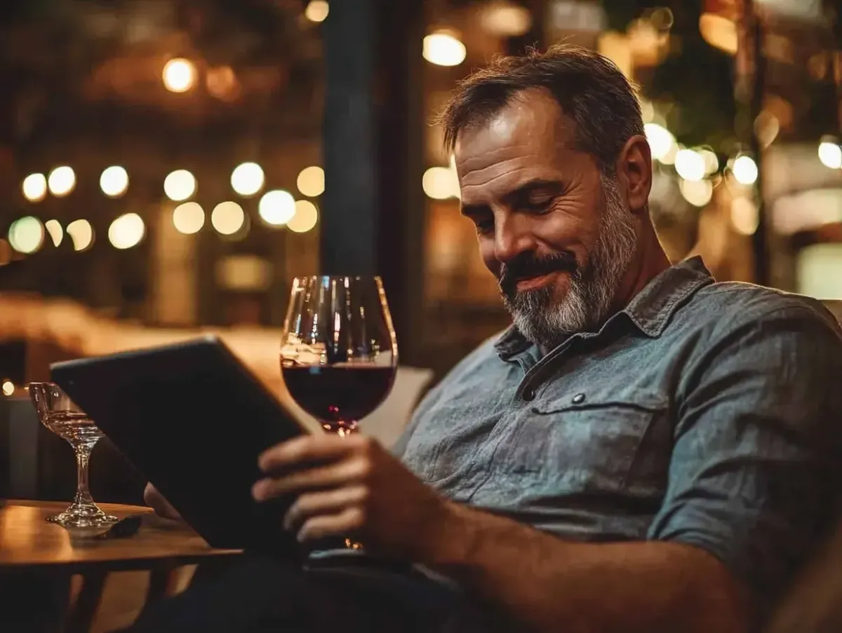 A man sips red wine while intently reviewing his content marketing strategy on a tablet.