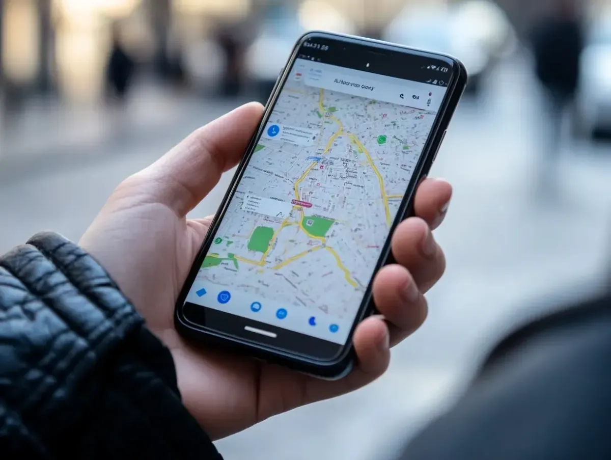 Hand holding a smartphone displaying a detailed GPS navigation app with a highlighted route.