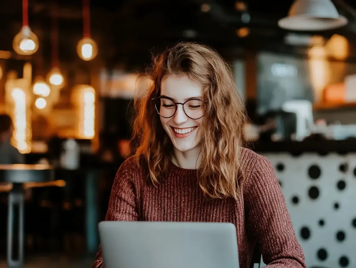Satisfied woman smiling while browsing her professional website on a laptop.