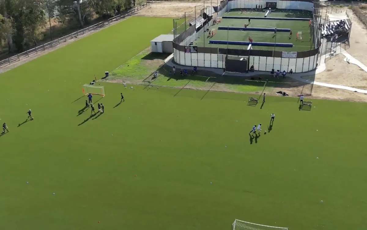Aerial view of a Soro Futbol Academy session at North County Soccer Park
