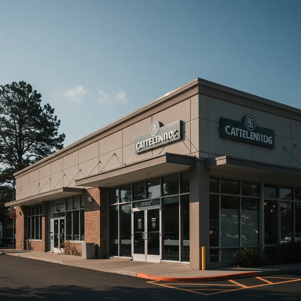 Aerial view of a diverse set of commercial properties including an office tower, retail center, and warehouse, with clear daylight and urban surroundings