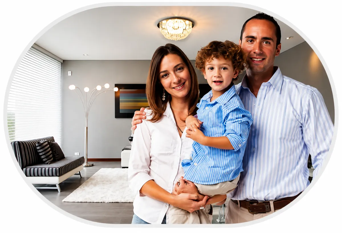Oval-shaped portrait of a smiling family (mother, father, and two young boys) standing together in a brightly lit living room
