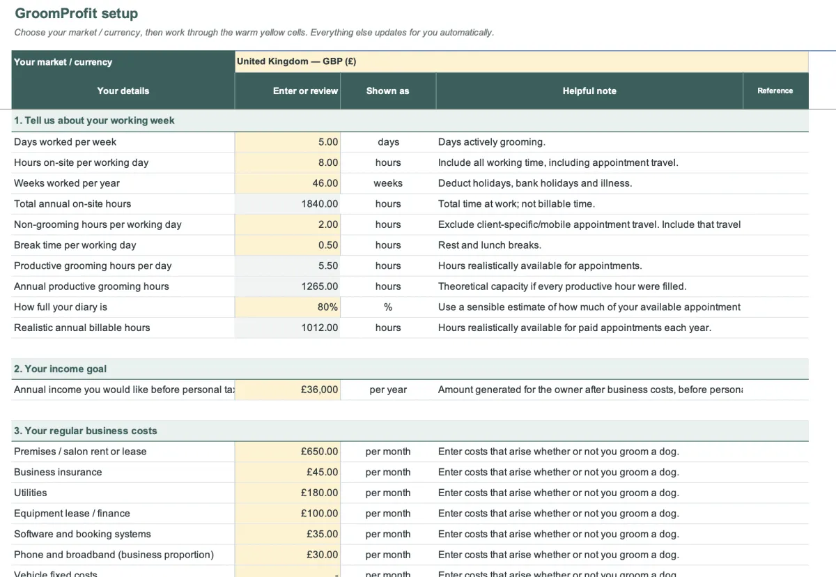 GroomProfit Excel profitability and pricing tool for independent dog groomers