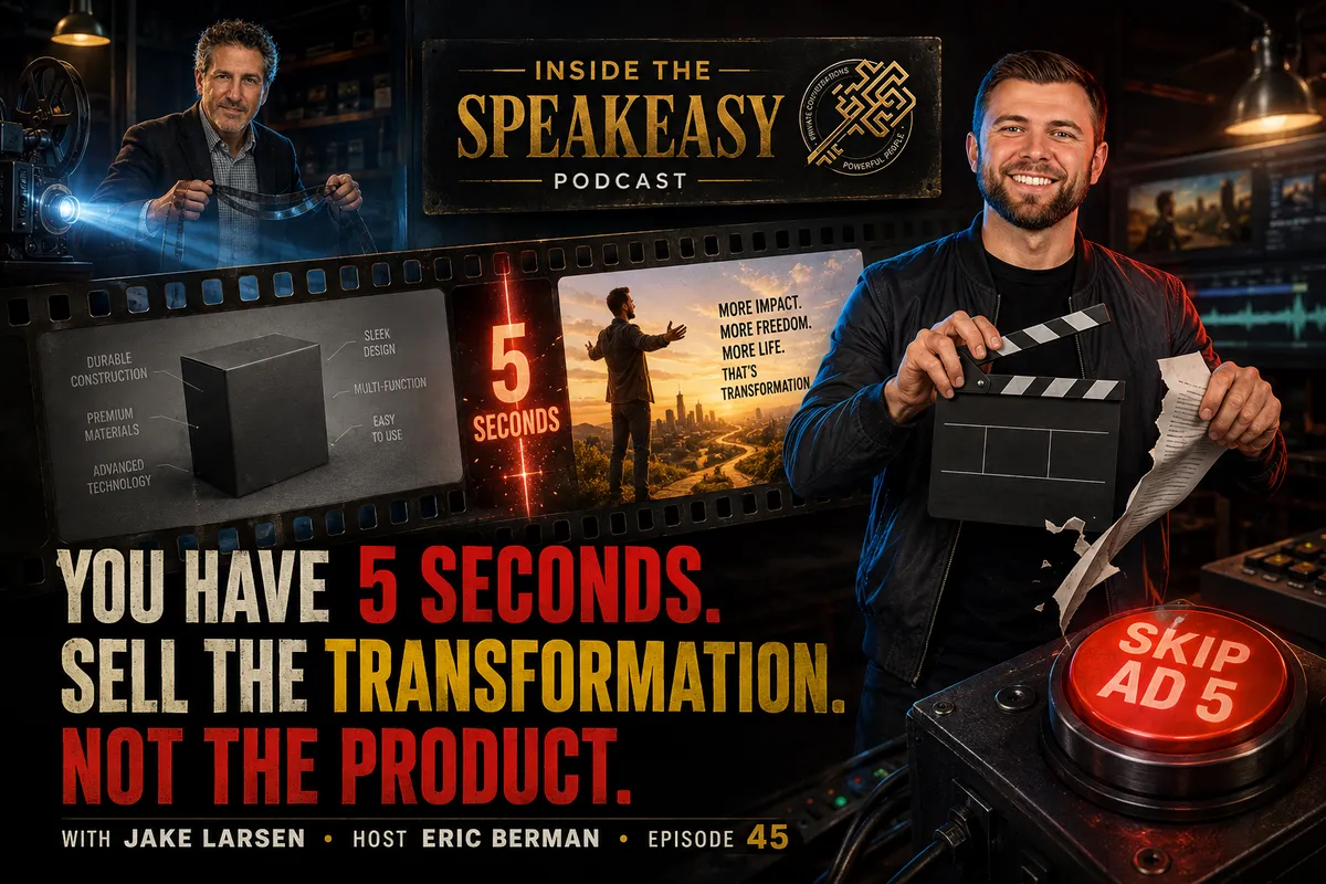 Jake Larsen discussing YouTube video ad strategy and selling the transformation on the Speakeasy Podcast