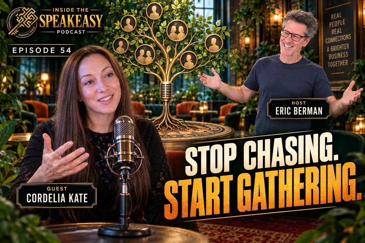 Cordelia Kate discussing live events as a community-building lead generation strategy on the Speakeasy Podcast