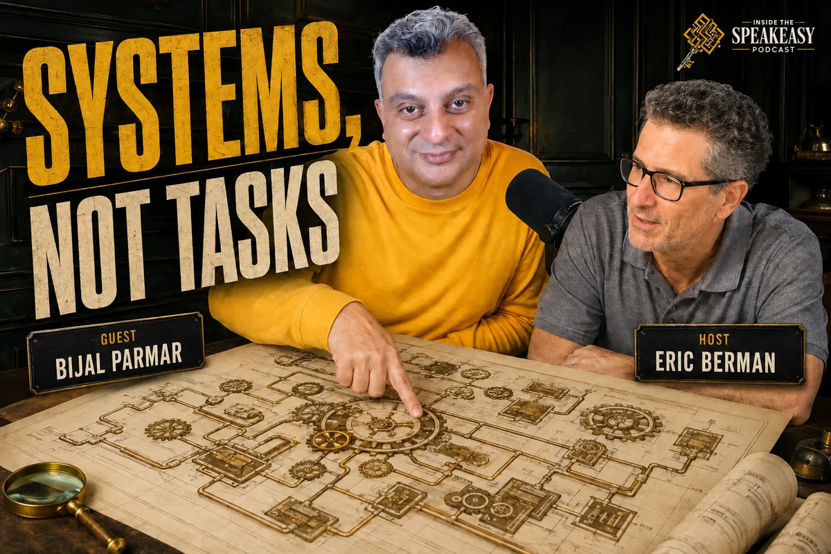 Beejel Parmar discussing system-first delegation and hiring virtual assistants on the Speakeasy Podcast