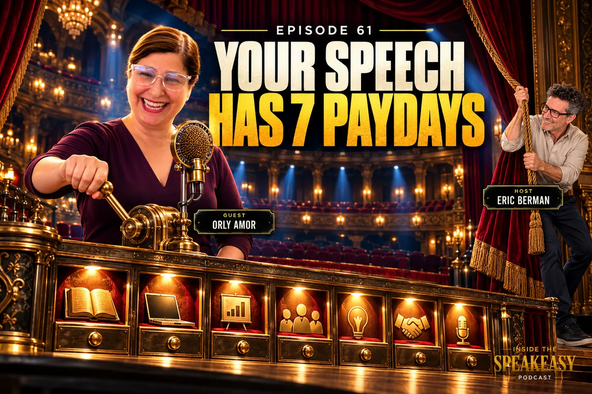 Orly Amor discussing how to get paid for public speaking and land event planner bookings on the Speakeasy Podcast