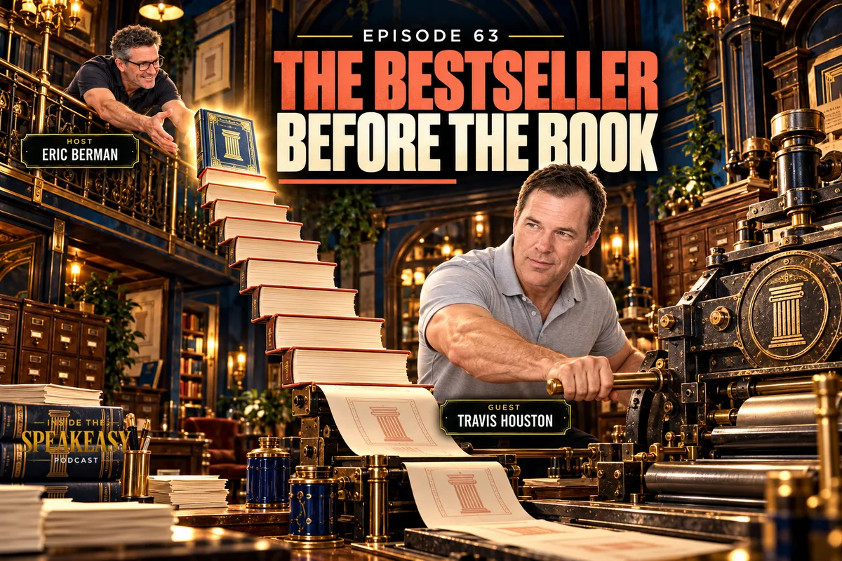 Travis Houston discussing book sales funnels and back-end offers for authors on the Speakeasy Podcast