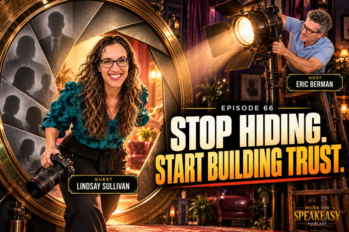Lindsay Sullivan discussing business visibility and confidence on camera on the Speakeasy Podcast