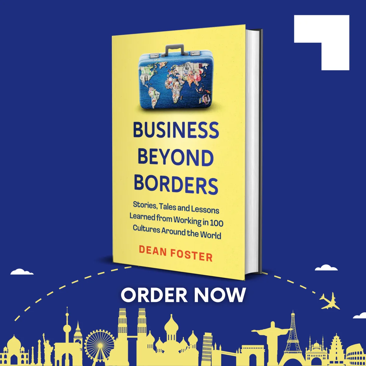 Promotional graphic for the book Business Beyond Borders, showing the print, e-book, and audiobook versions with a “Order Now” message against a blue background with global landmarks.