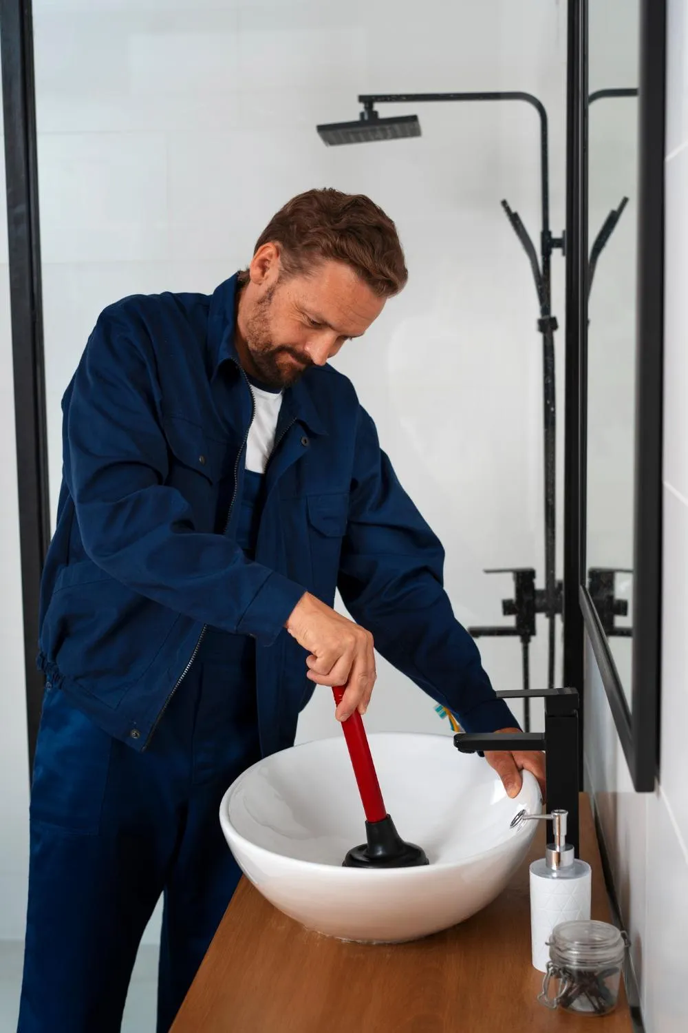 Plumber using a plunger to unclog a bathroom sink drain.