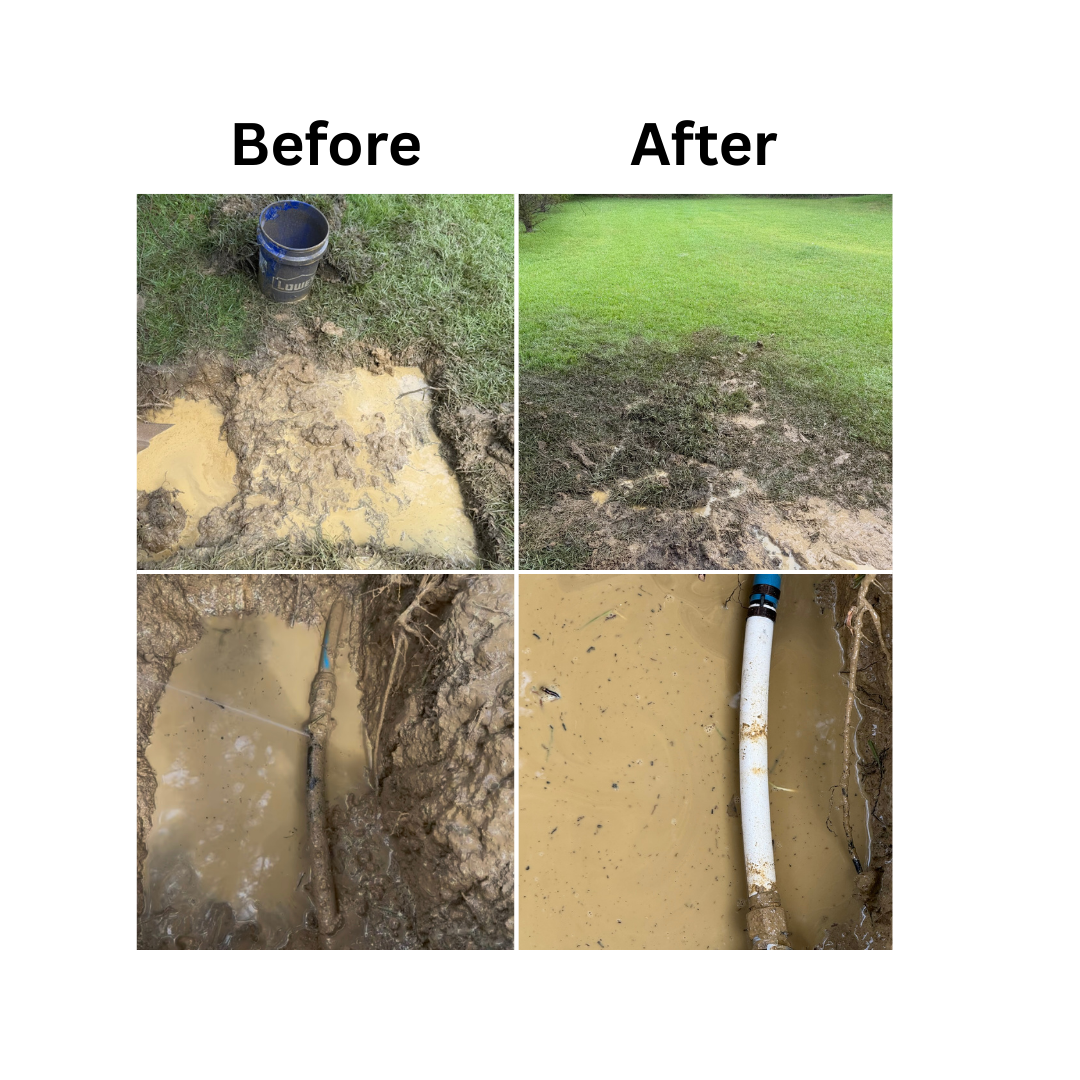 Before and after backyard plumbing repair showing leaking pipe replaced by Elite Plumbing