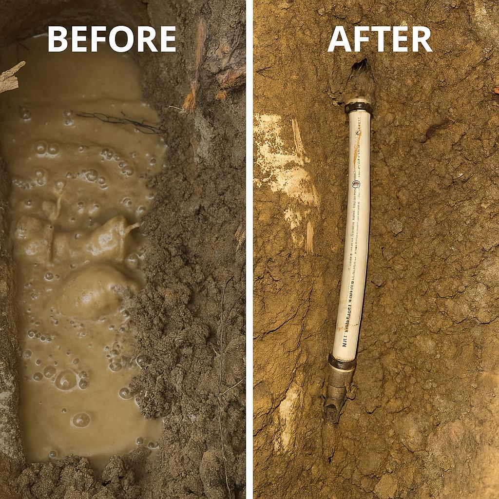 Before and after comparison of a leaking outdoor pipe repair showing muddy water leak fixed with new piping