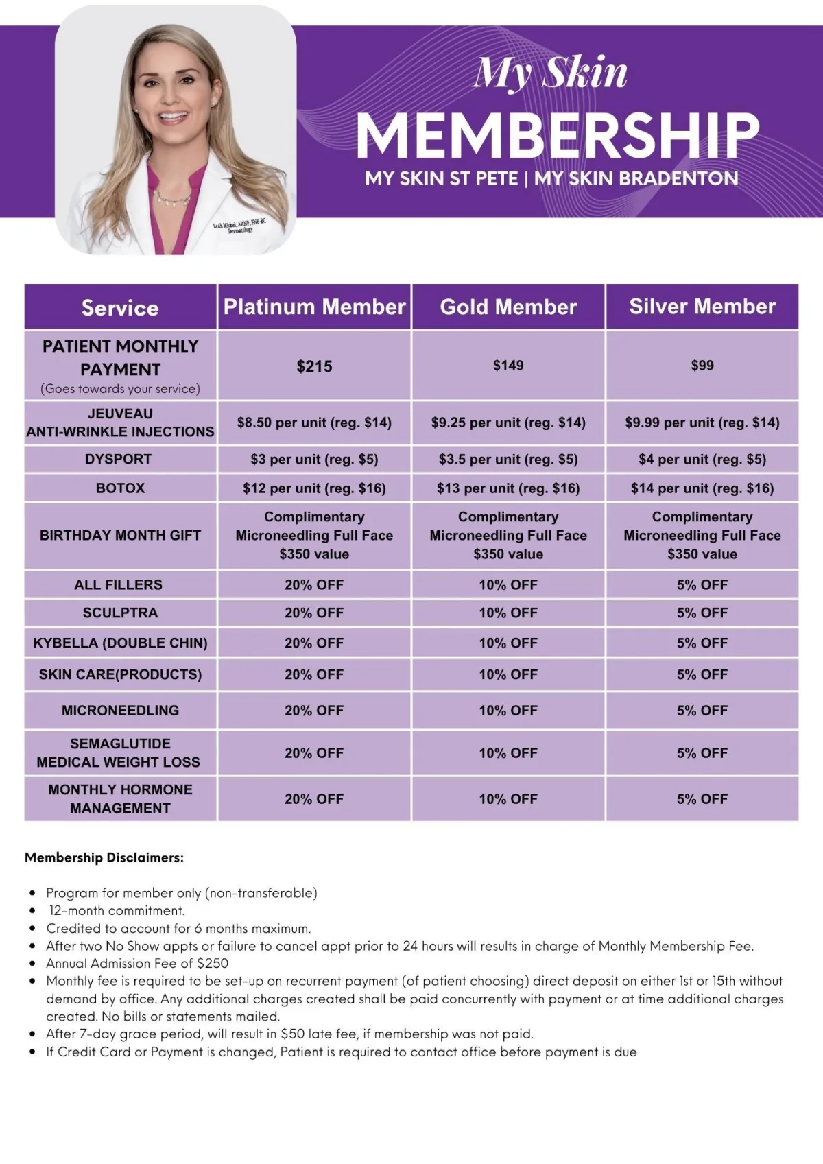 My skin cosmetic membership plans St pete and Bradenton