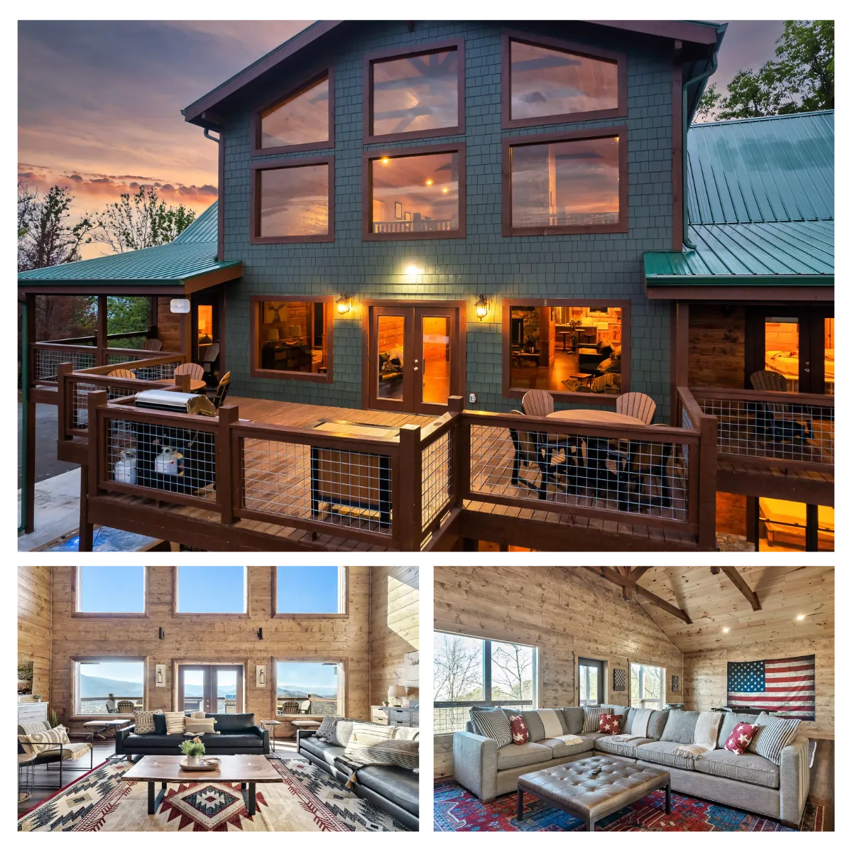 Discover breathtaking mountain views at Emerald View Escape, a spacious 5000-square-foot sanctuary atop the mountain, featuring large decks and a private hot tub for relaxation, along with indoor entertainment options like games and a home theater.