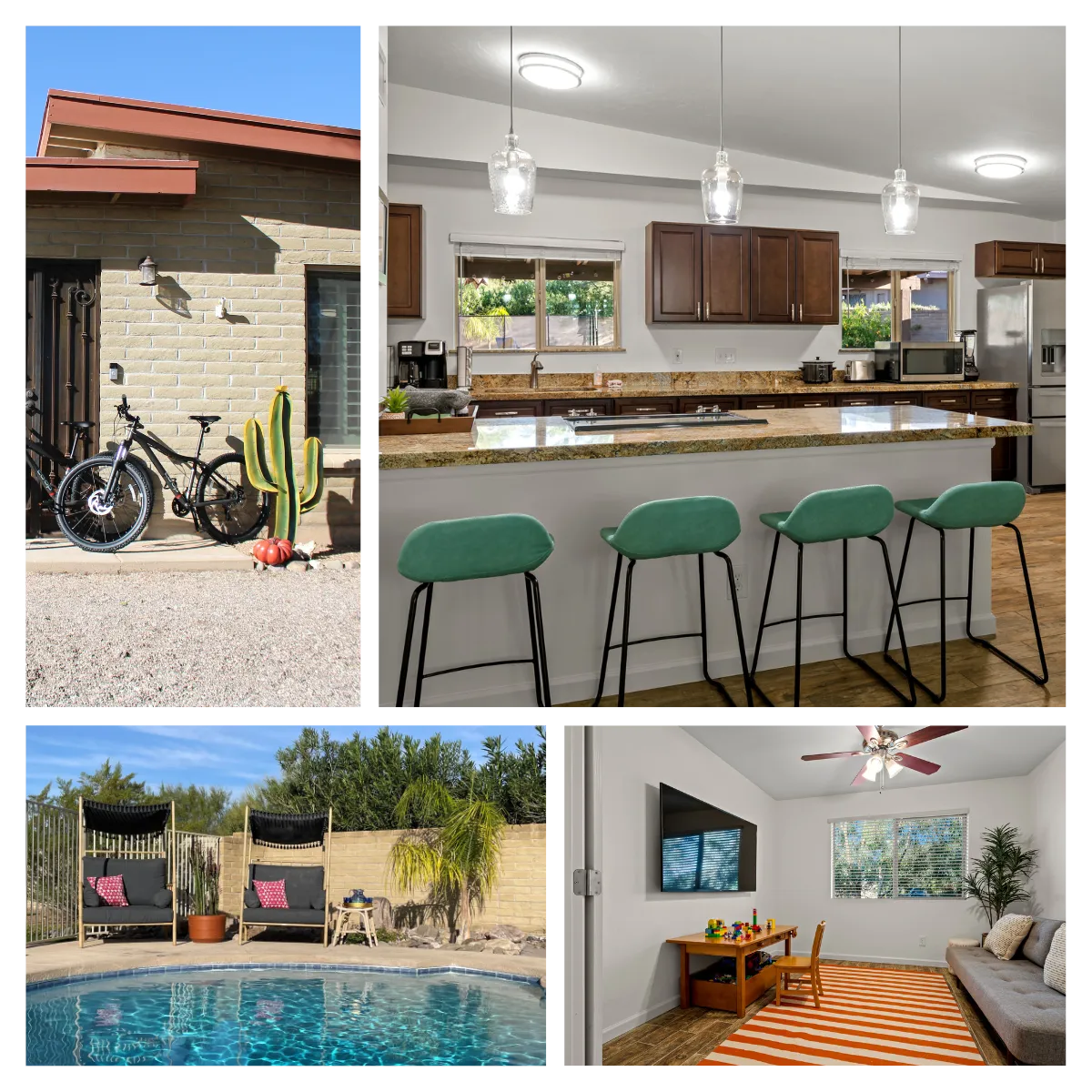 At Lucky Lemmon Retreat, guests can enjoy fun yard games like Jenga and cornhole, easy parking with a circular driveway, family-friendly amenities like a pack & play crib and air mattress, and convenient self-check-in and check-out via a front door keypad.