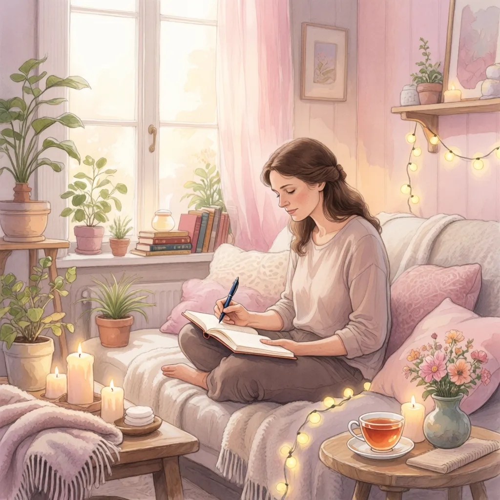 A illustrated watercolour-style image of a brunette woman sitting cross-legged on a comfortable sofa, writing in a journal. She is surrounded by glowing candles, warm fairy lights, lush green houseplants, a cup of tea, and soft pink cushions in a cosy, peaceful room.