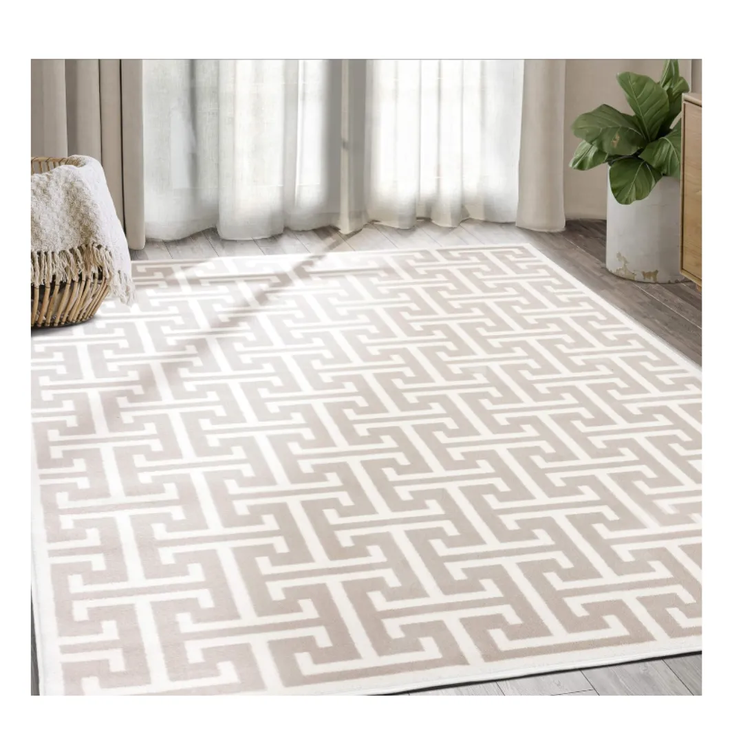 Abani Contemporary 3D beige and White Modern Greek Key Pattern Area Ru Geometric Mender 5'3 x 7'6
