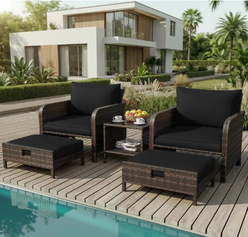 Patio Conversation Set 5 Piece, Balcony Furniture Outdoor PE Rattan Wicker Lounge Chairs with Soft Cushions, 2 Ottomans & Glass Table for Porch Lawn, Brown (Black Cushions