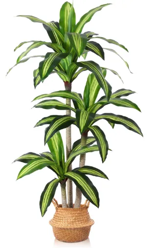 Artificial Plants, 5 Ft Dracaena Tree Faux Plants Indoor Outdoor Decor Fake Tree with Woven Seagrass Basket Plants for Home Decor Office Living Room Porch Patio Housewarming