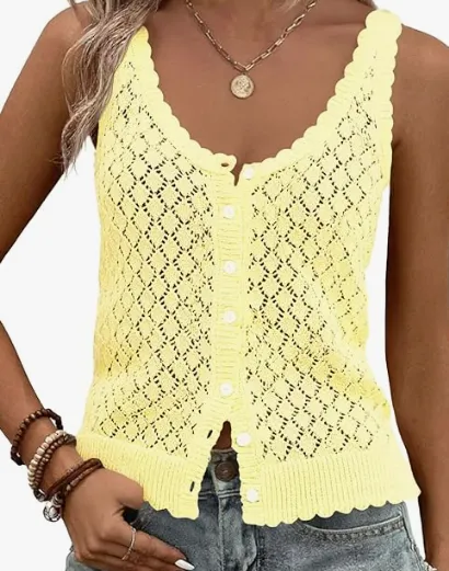 Sleeveless Crochet Cardigan Button Down Boho Knit Going Out Vest (yellow in picture, but comes in mlticolor) 