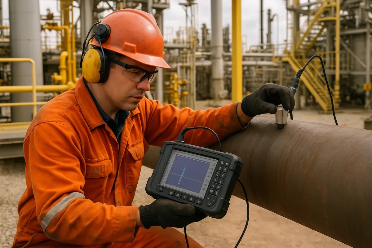 NDT Technician (Non-Destructive Testing) menjalankan pemeriksaan keselamatan struktur dan kimpalan di pelantar minyak luar pesisir Malaysia, program latihan Oil & Gas berimpak tinggi oleh Jana Kerja Malaysia