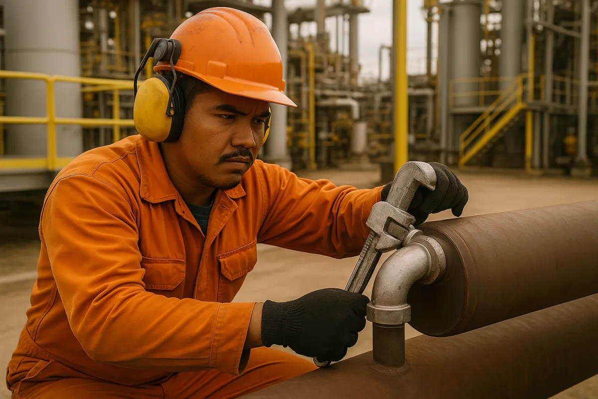 Pipe Fitter sedang memasang dan menyambung sistem paip industri di pelantar minyak luar pesisir Malaysia, latihan teknikal Oil & Gas berimpak tinggi oleh Jana Kerja Malaysia