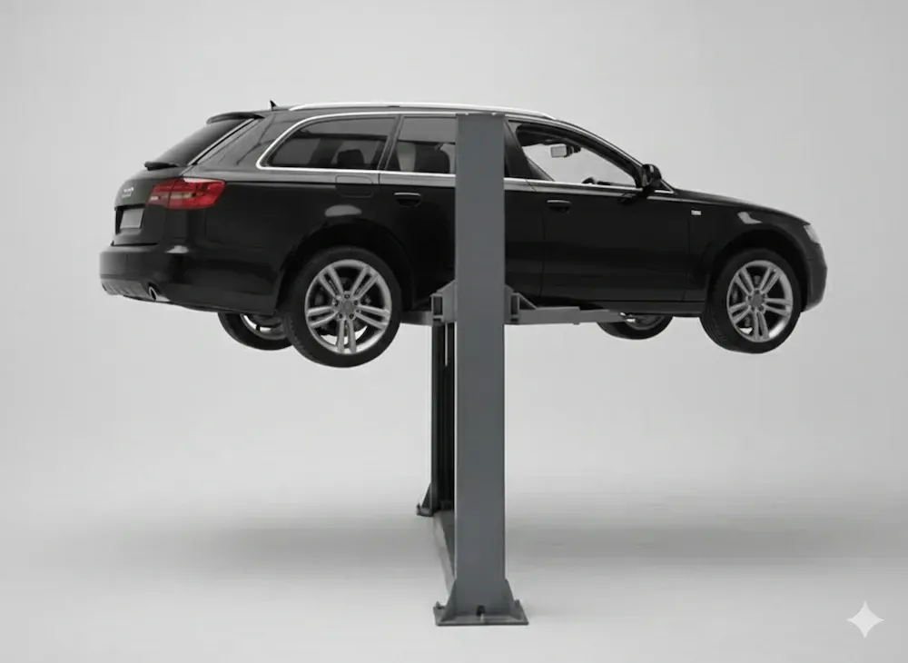 A black car facing right on a 2 post ramp