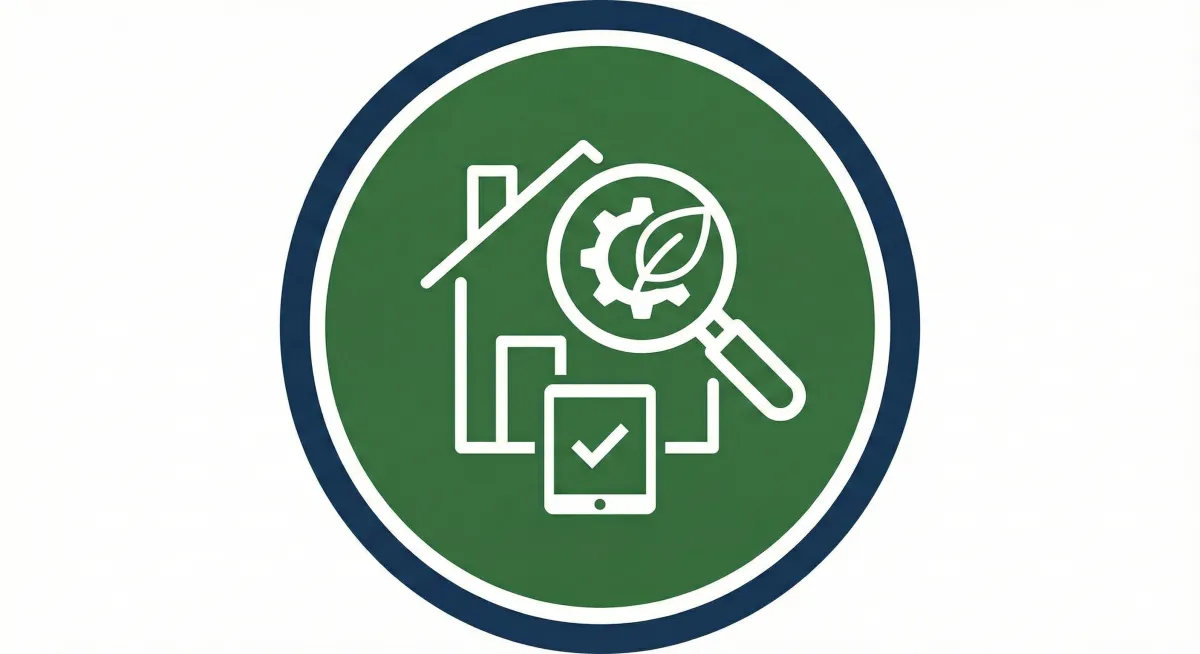 Minimal icon illustration of a clipboard with a checklist, a solar panel, and a wind turbine on a green gradient background