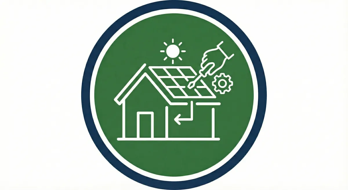 Minimal icon illustration of a clipboard with a checklist, a solar panel, and a wind turbine on a green gradient background