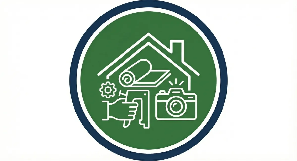 Minimal icon illustration of a clipboard with a checklist, a solar panel, and a wind turbine on a green gradient background