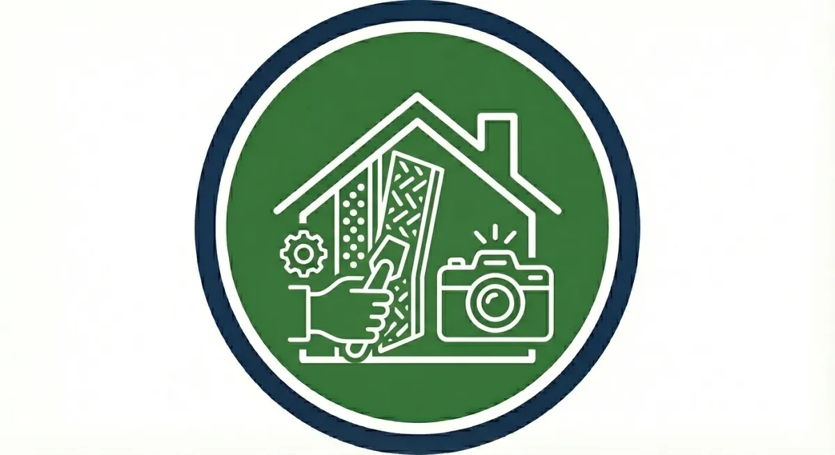 Minimal icon illustration of a clipboard with a checklist, a solar panel, and a wind turbine on a green gradient background