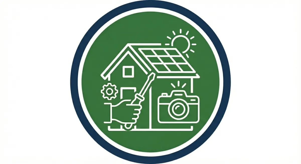 Minimal icon illustration of a clipboard with a checklist, a solar panel, and a wind turbine on a green gradient background