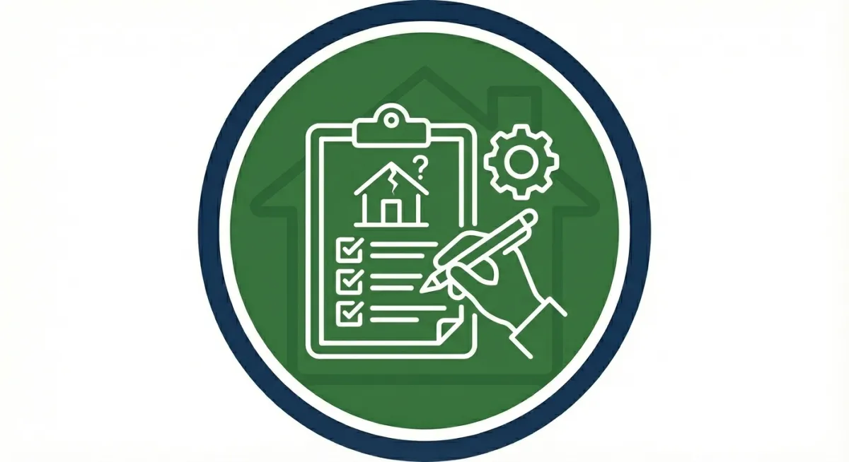 Minimal icon illustration of a clipboard with a checklist, a solar panel, and a wind turbine on a green gradient background