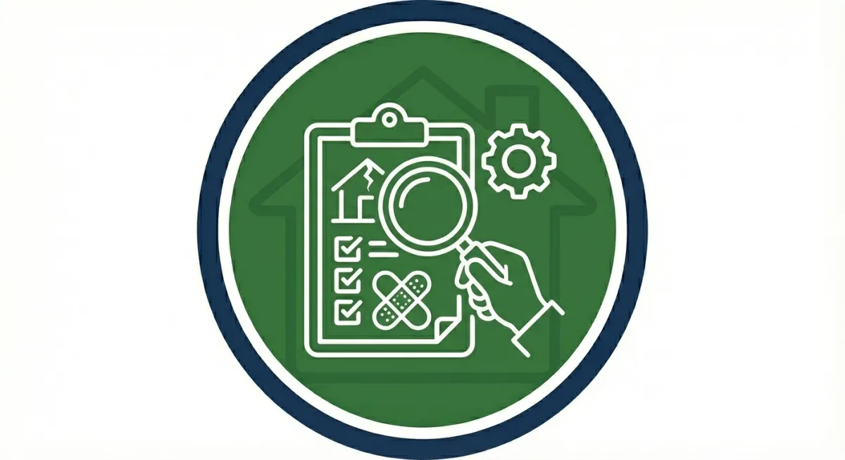 Minimal icon illustration of a clipboard with a checklist, a solar panel, and a wind turbine on a green gradient background