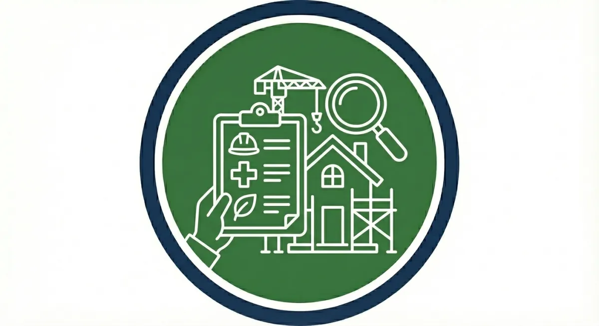 Minimal icon illustration of a clipboard with a checklist, a solar panel, and a wind turbine on a green gradient background